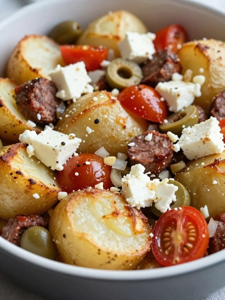 Mediterranean Feta Sausage Potato Casserole with Olives and Tomatoes