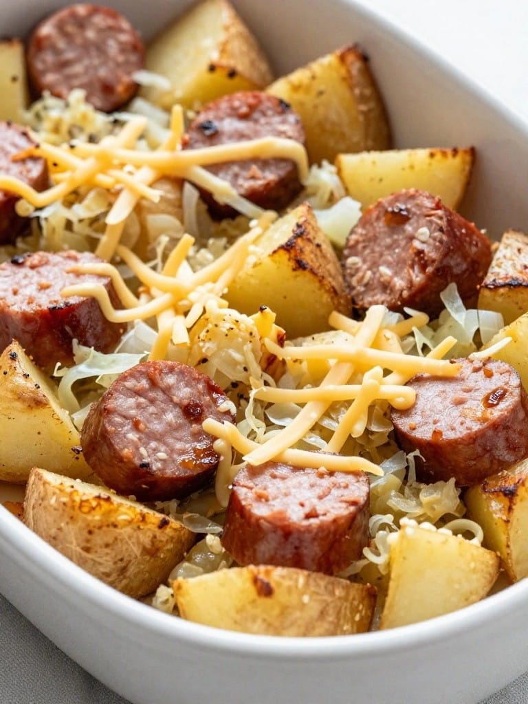 Smoky Kielbasa Potato Casserole with Sauerkraut and Mustard