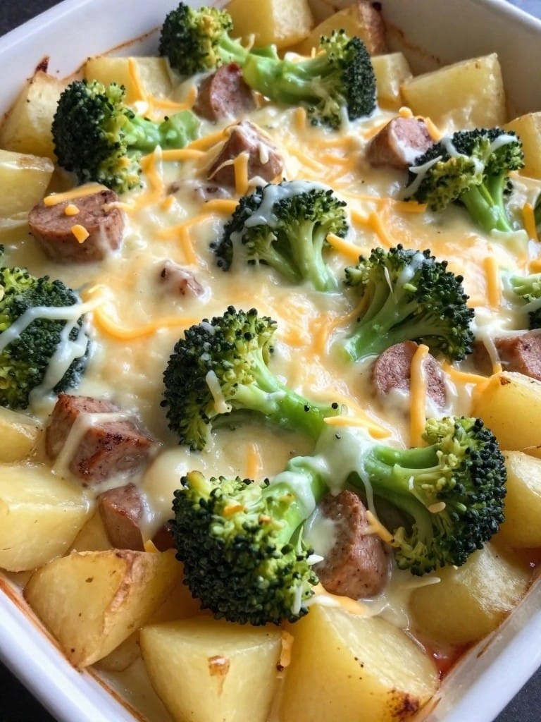 White Cheddar and Broccoli Sausage Potato Casserole