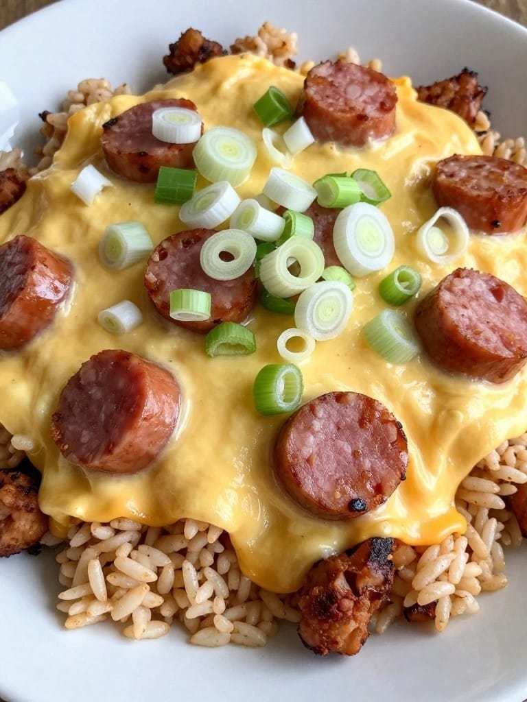 Breakfast Sausage Egg and Cheese Rice Casserole
