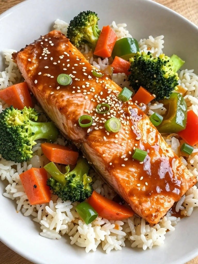 Teriyaki Salmon Vegetable Rice Casserole
