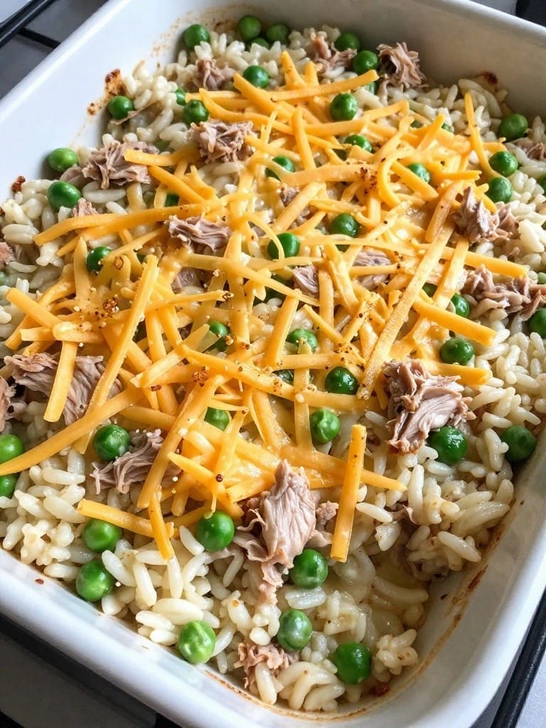 Tuna Cheddar Pea Rice Casserole