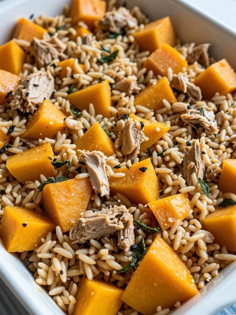 Butternut Squash Sage and Turkey Brown Rice Casserole