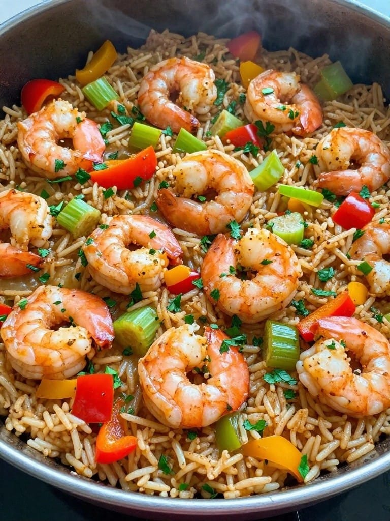 Cajun Shrimp Bell Pepper and Celery Rice Casserole