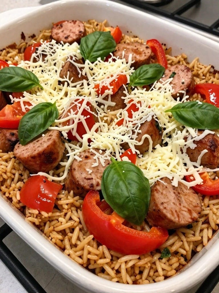Italian Turkey Sausage Pepper and Basil Rice Bake