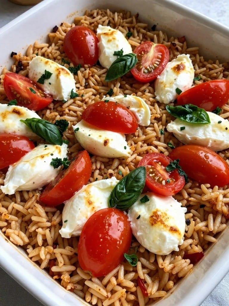 Tomato Basil Fresh Mozzarella Caprese Rice Casserole