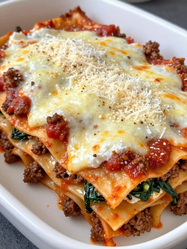 Italian Beef Lasagna with Ricotta and Spinach