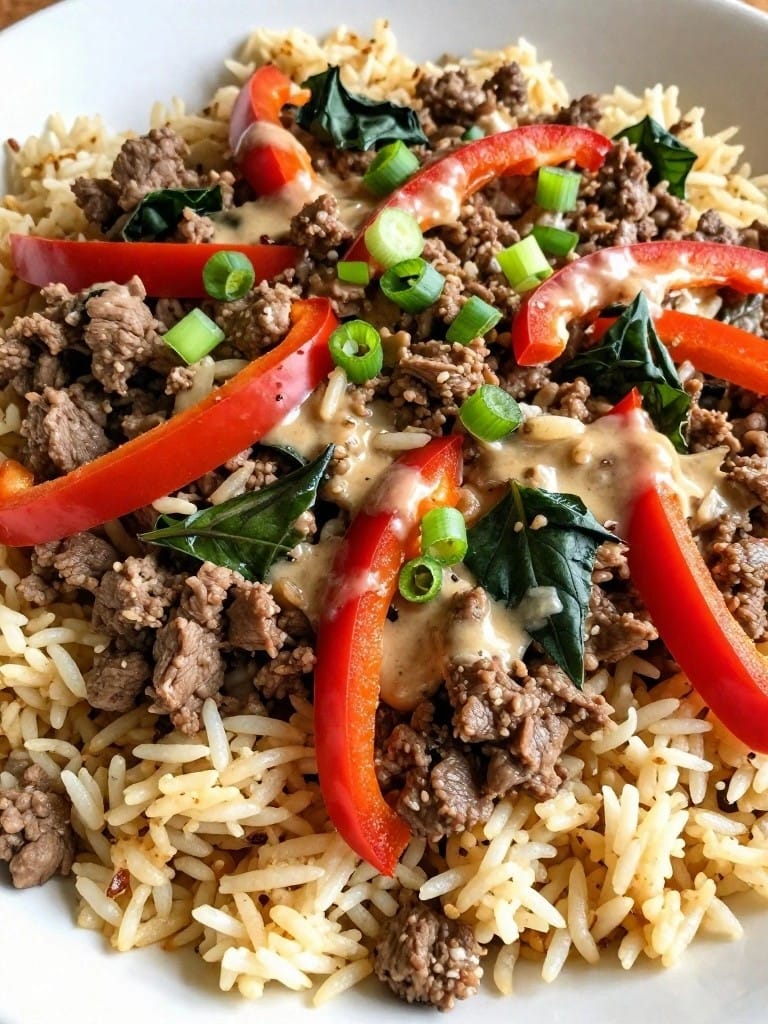 Thai Basil Beef and Jasmine Rice Bake