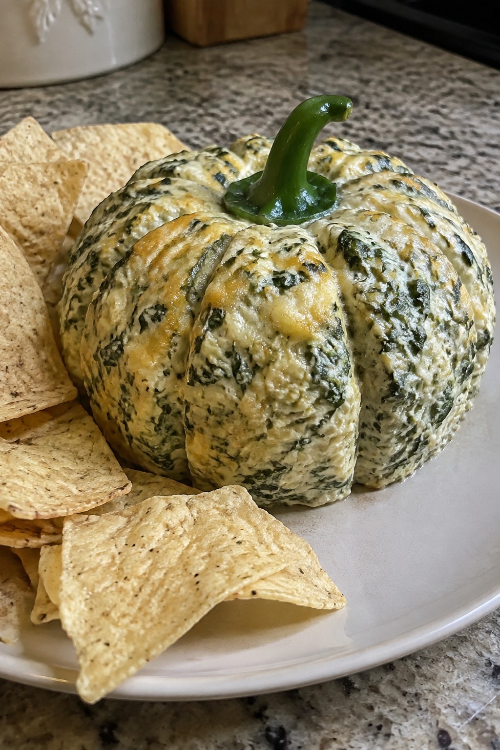Pumpkin Shaped Spinach Artichoke Dip with Tortilla Chips