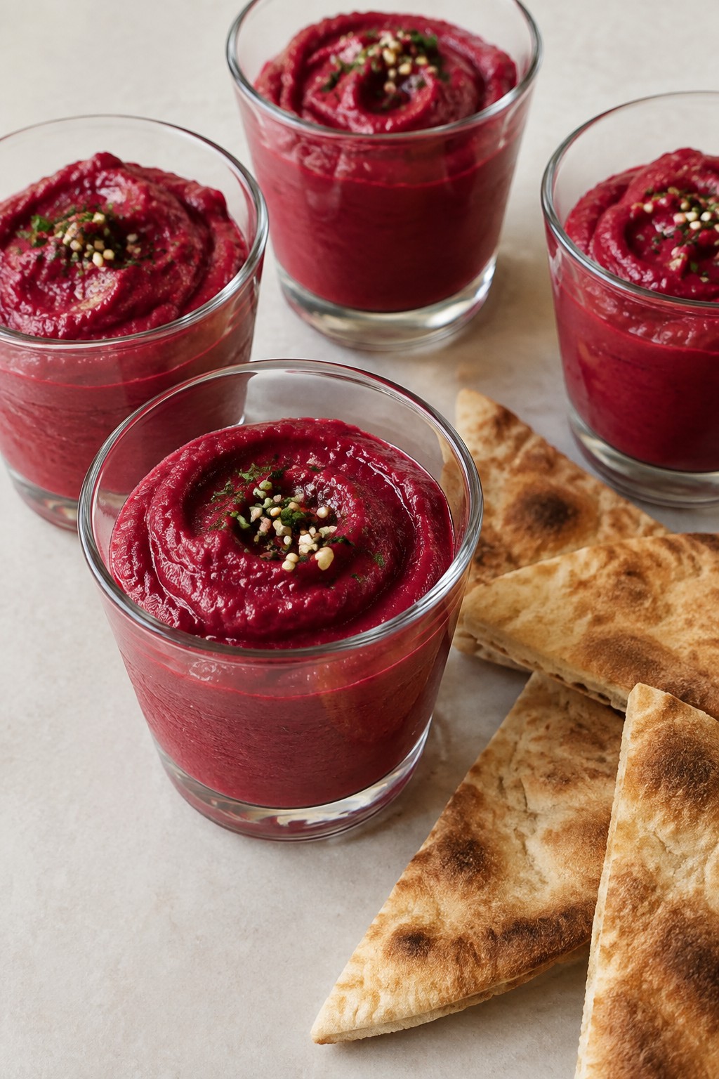 Bloody Beet Hummus Shooters with Pita Wedges