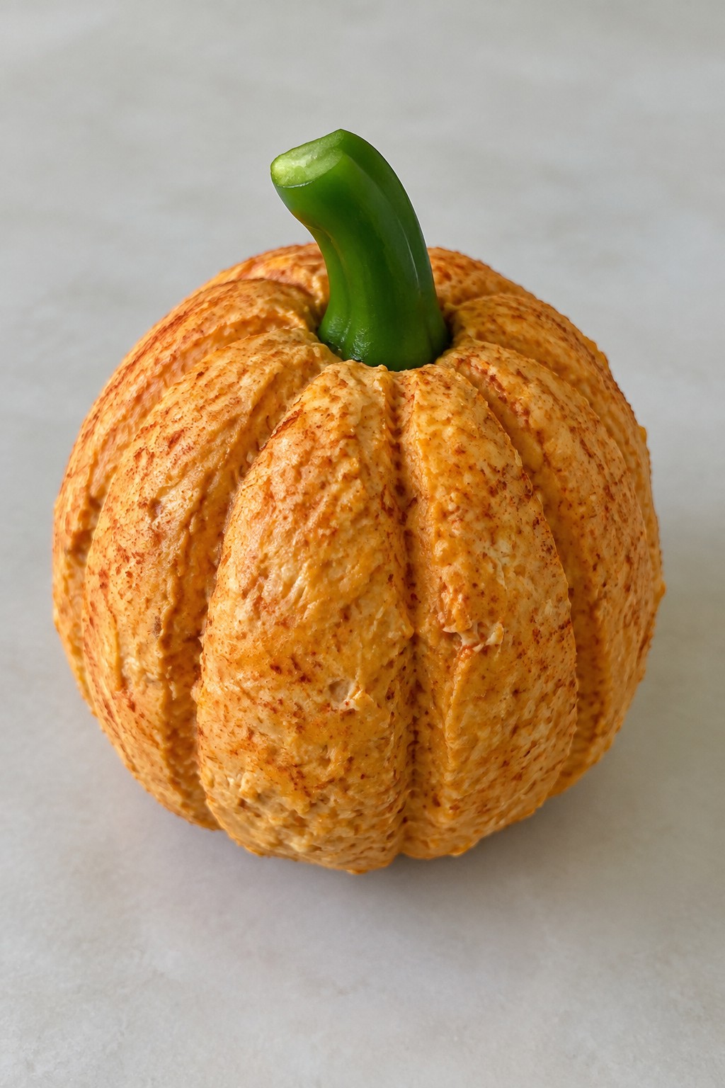 Pumpkin-Shaped Cheddar Cheese Ball with Bell Pepper Stem