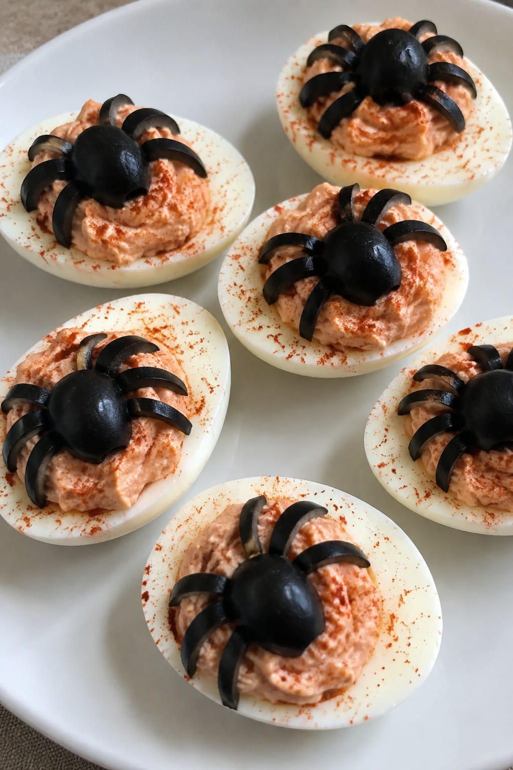 Bloody Mary Deviled Eggs with Olive Spiders