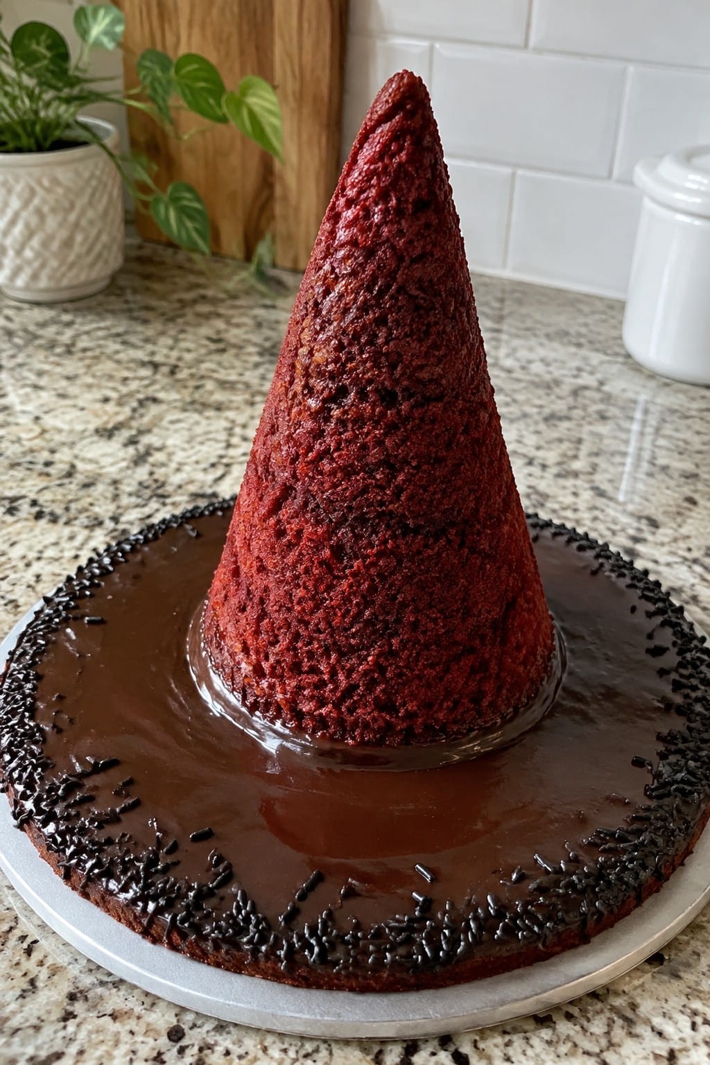 Witch Hat Red Velvet Cake with Chocolate Ganache Brim