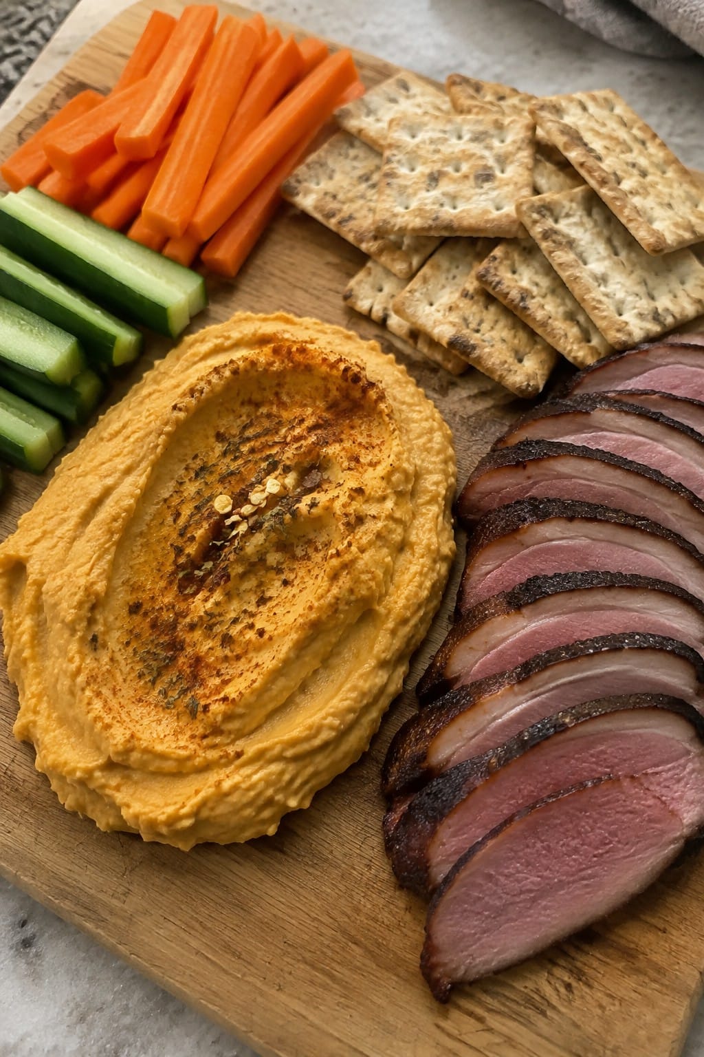 Spiced Pumpkin Hummus with Smoked Duck Board