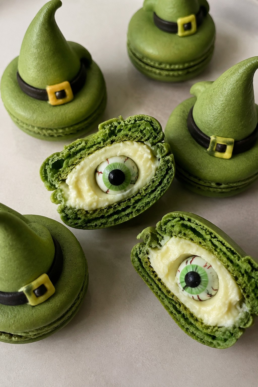 Witch Hat Matcha Macarons with Eyeball Centers