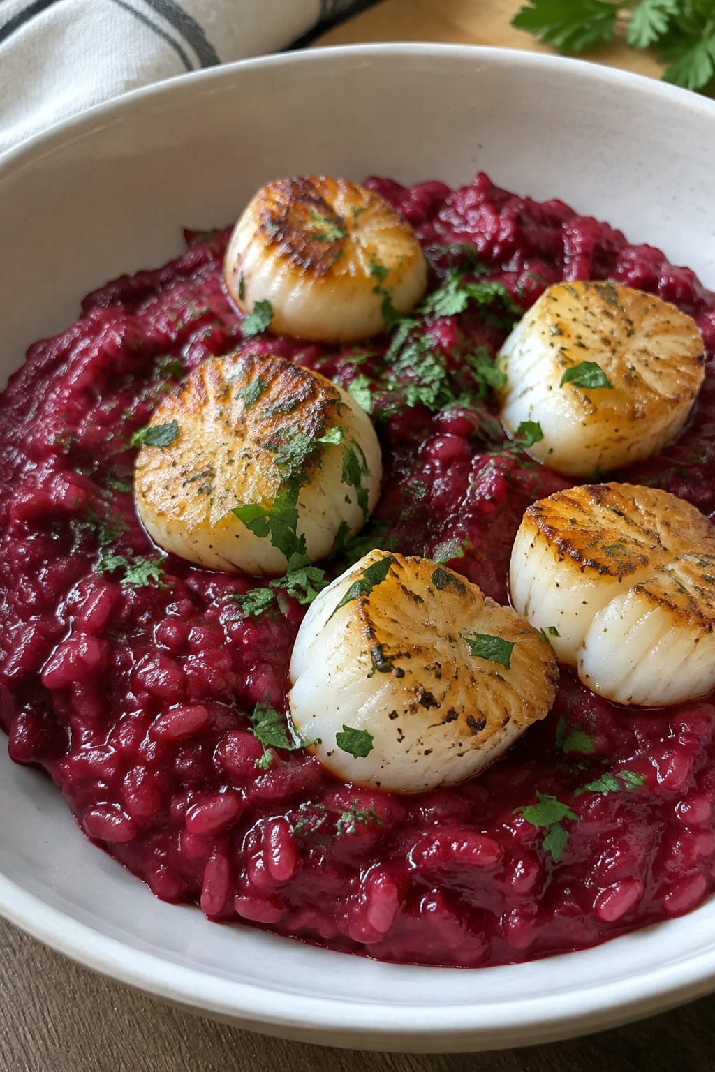 Bloody Beet Risotto with Seared Scallops