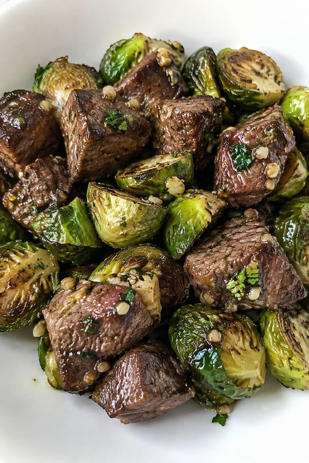 Vampire Garlic Butter Steak Bites with Brussels Sprouts