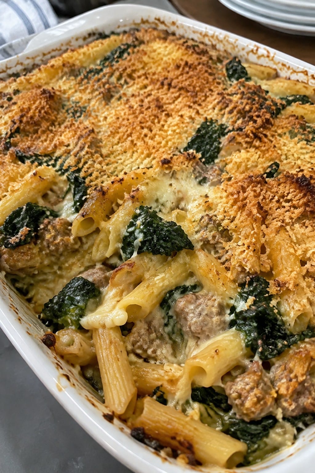 Cheesy Sausage and Kale Pasta Bake with Toasted Breadcrumbs