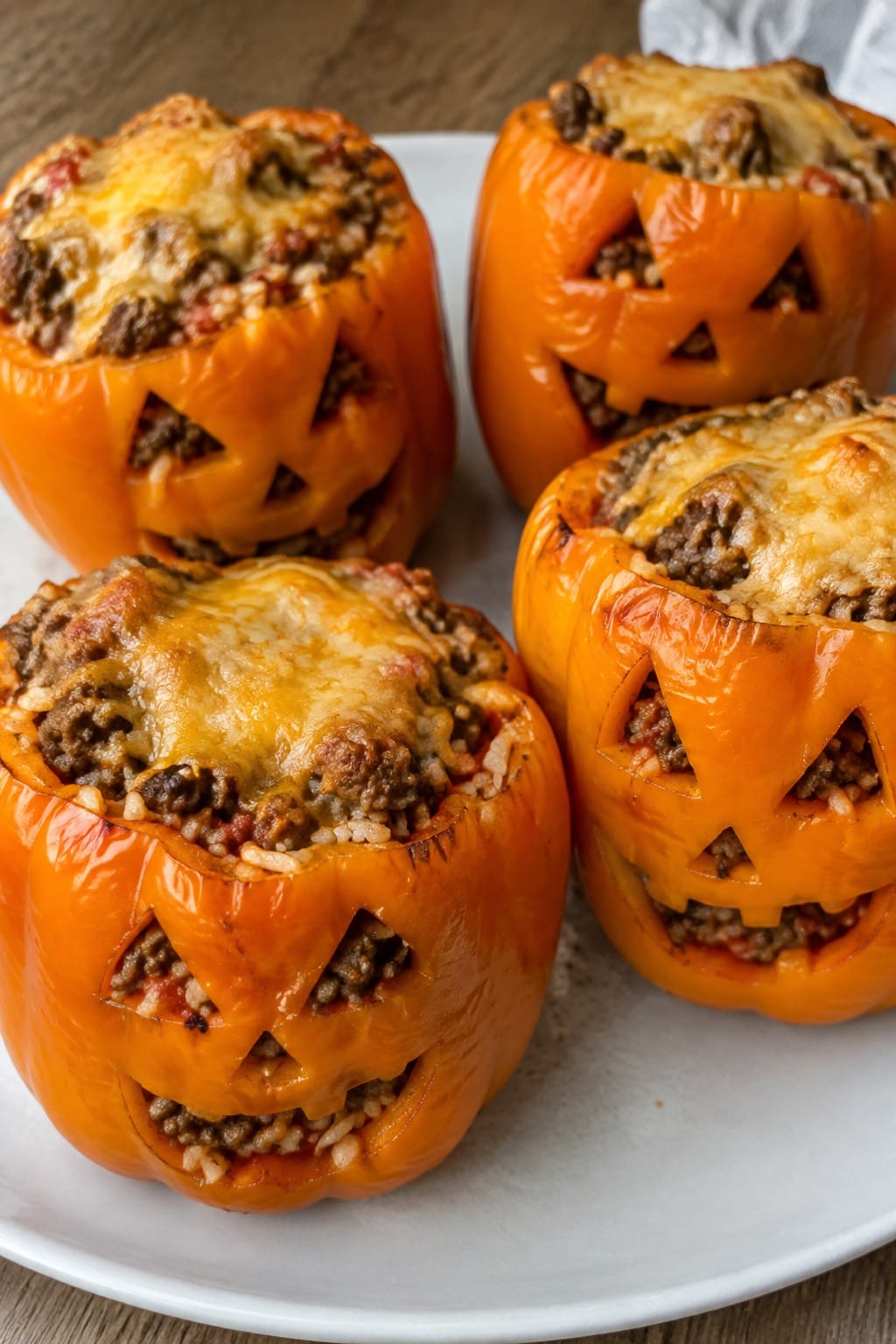 Jack-o'-Lantern Stuffed Peppers with Spiced Beef and Rice