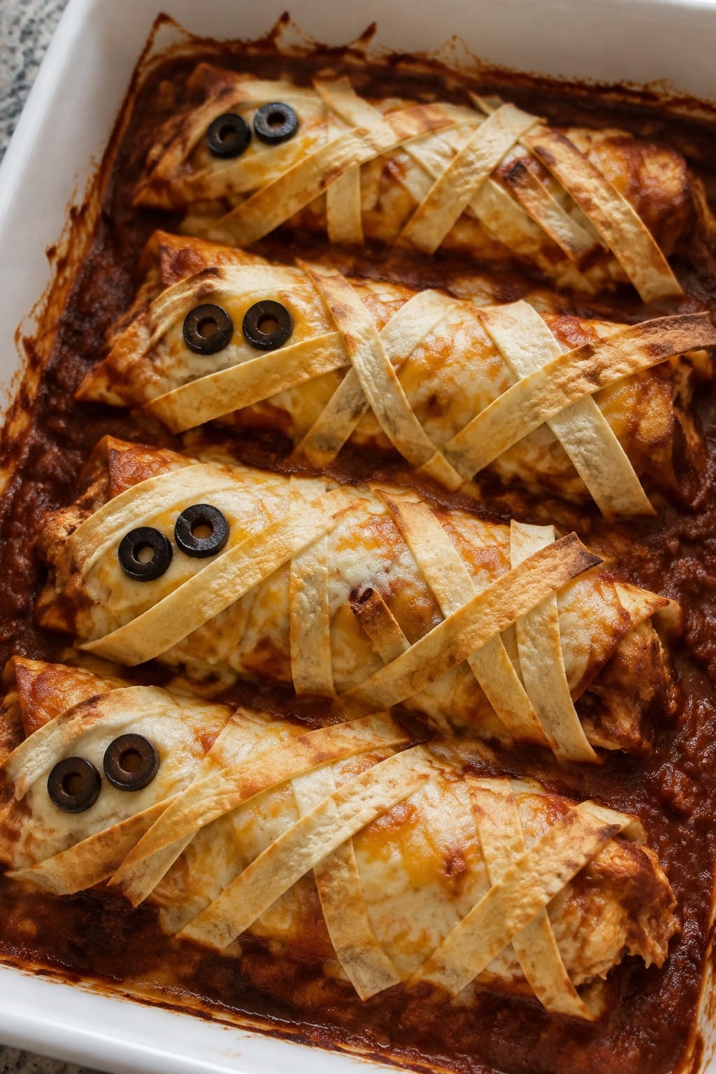 Mummy-Wrapped Chicken Enchiladas with Smoky Red Sauce