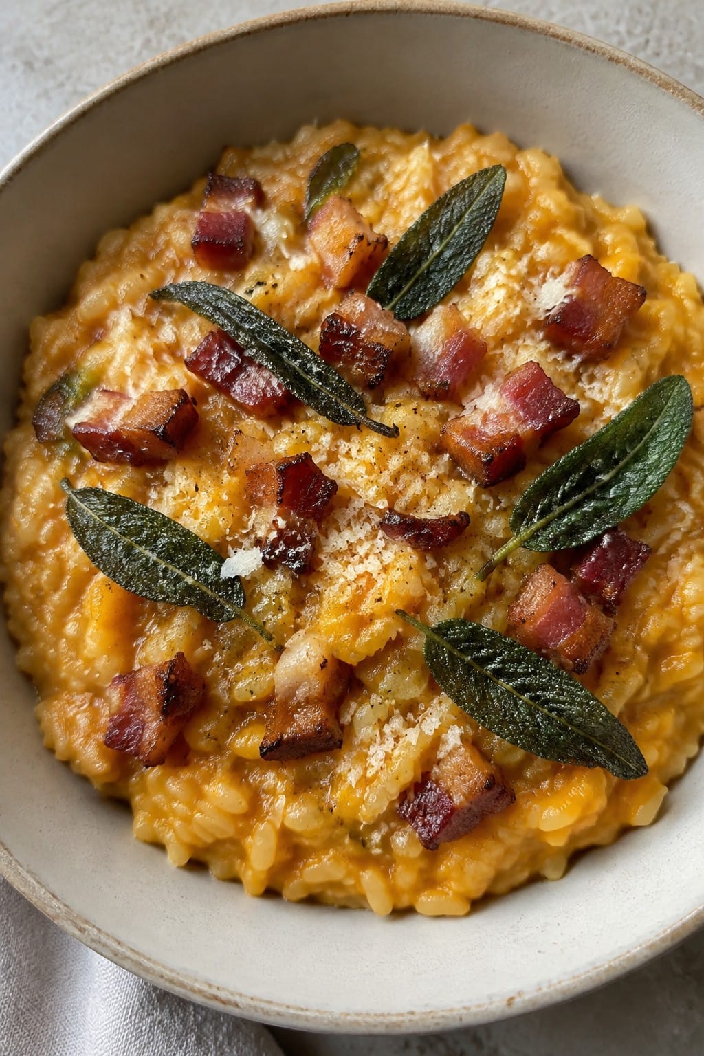 Pumpkin Sage Risotto with Crispy Pancetta and Fried Sage Leaves