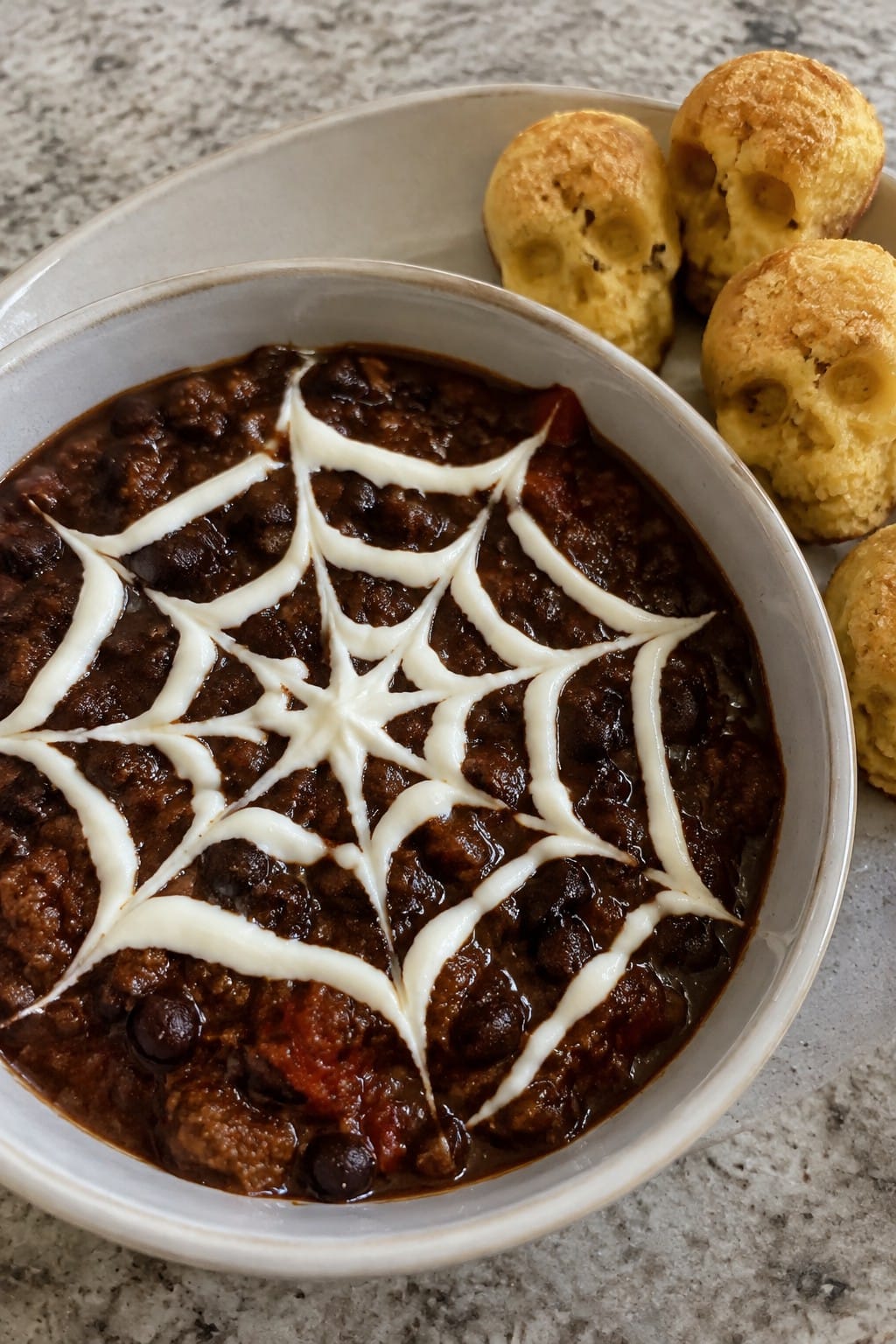 Spiderweb Black Bean Chili Served with Cornbread Skulls