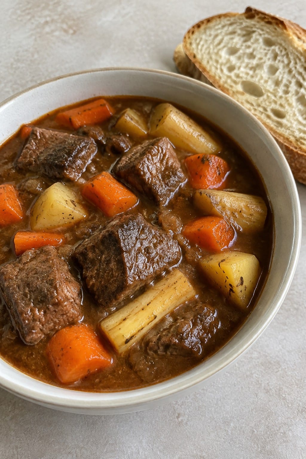 Witch’s Cauldron Beef Stew with Root Vegetables and Crusty Bread