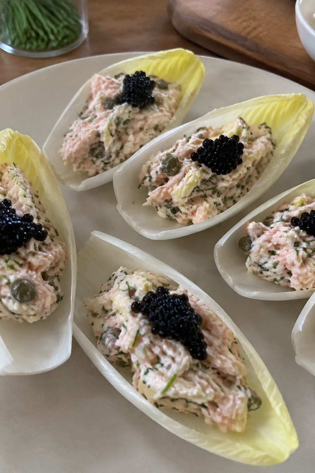 Endive Spears with Smoked Trout Rillettes and Caviar