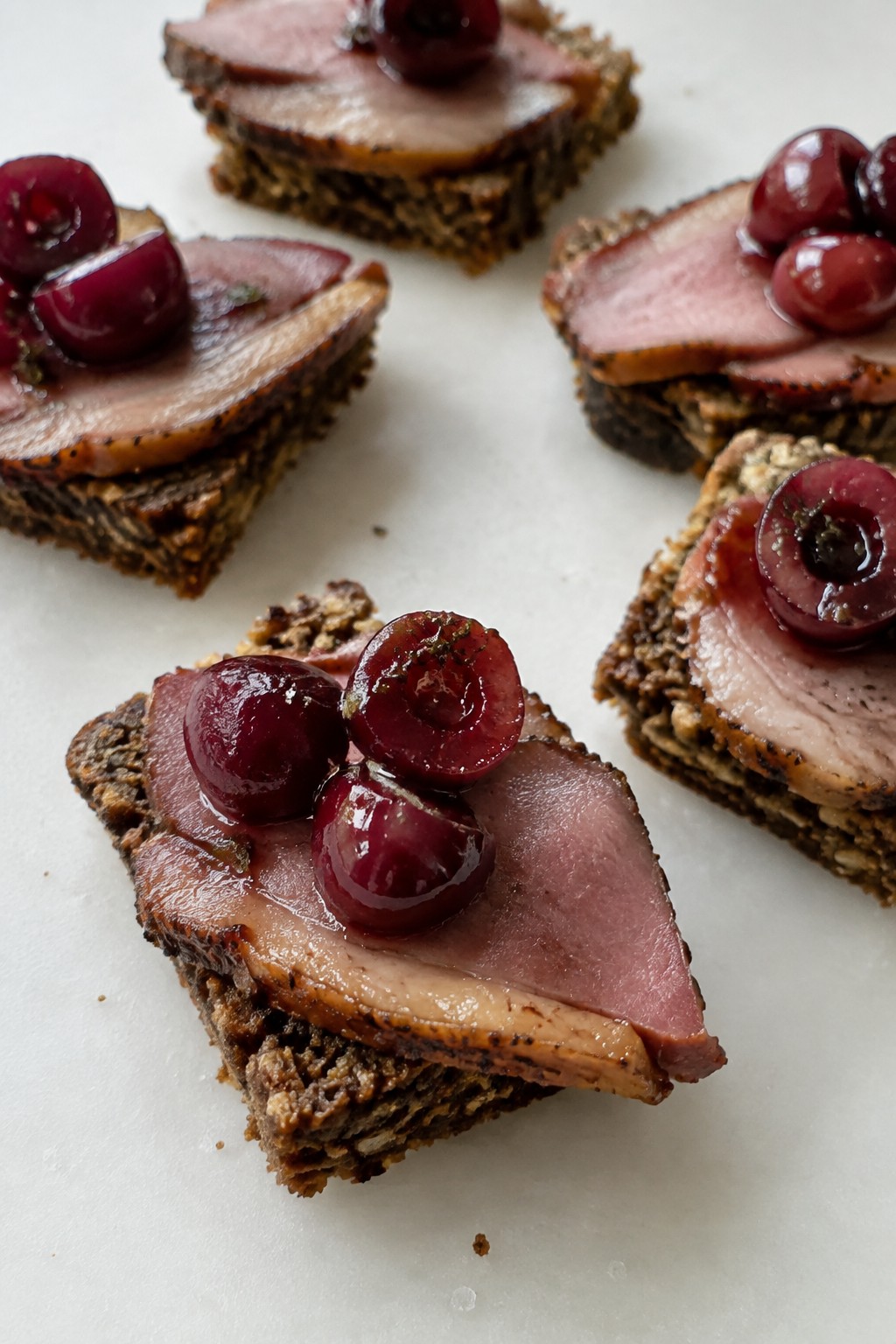 Smoked Duck Breast on Rye with Pickled Cherries