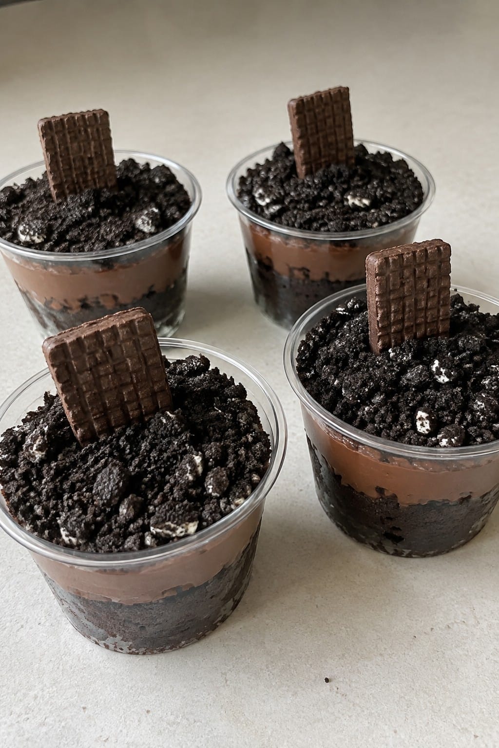Graveyard Brownie Cups Layered with Chocolate Pudding and Cookie Crumbs