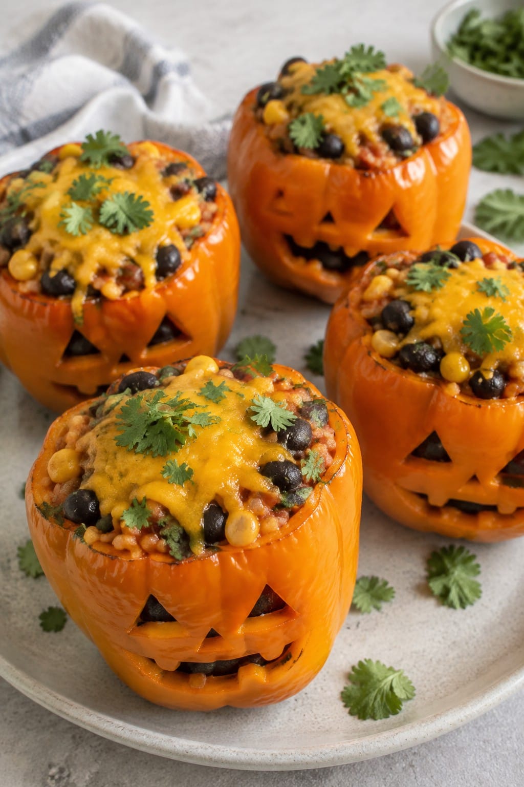 Jack-o'-Lantern Stuffed Bell Peppers with Mexican Rice and Beans