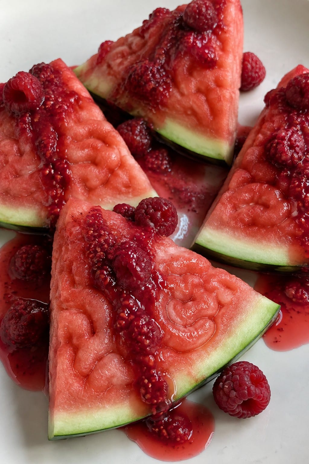 Watermelon Brain Wedges with Raspberry Sauce