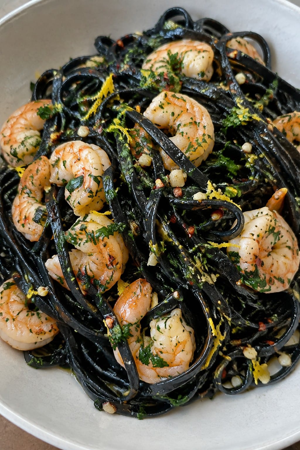 Black Squid Ink Linguine with Garlic Shrimp and Lemon