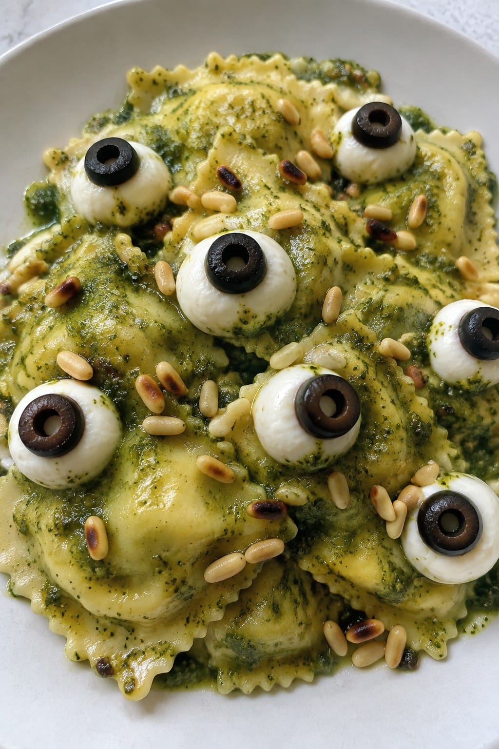 Ghostly Pesto Ravioli with Mozzarella Eyeballs and Pine Nuts