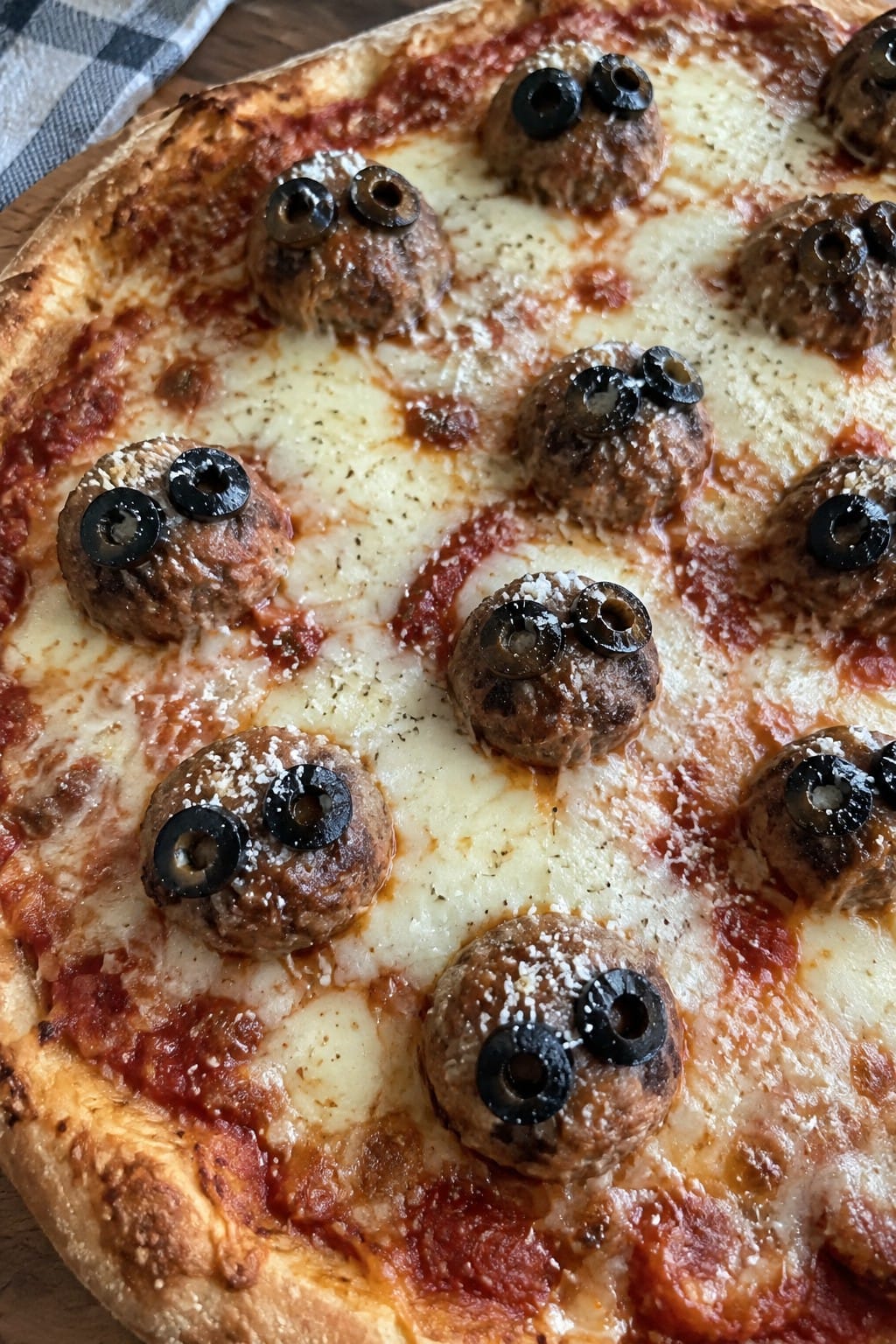 Monster Meatball and Olive Eyeball Pizza
