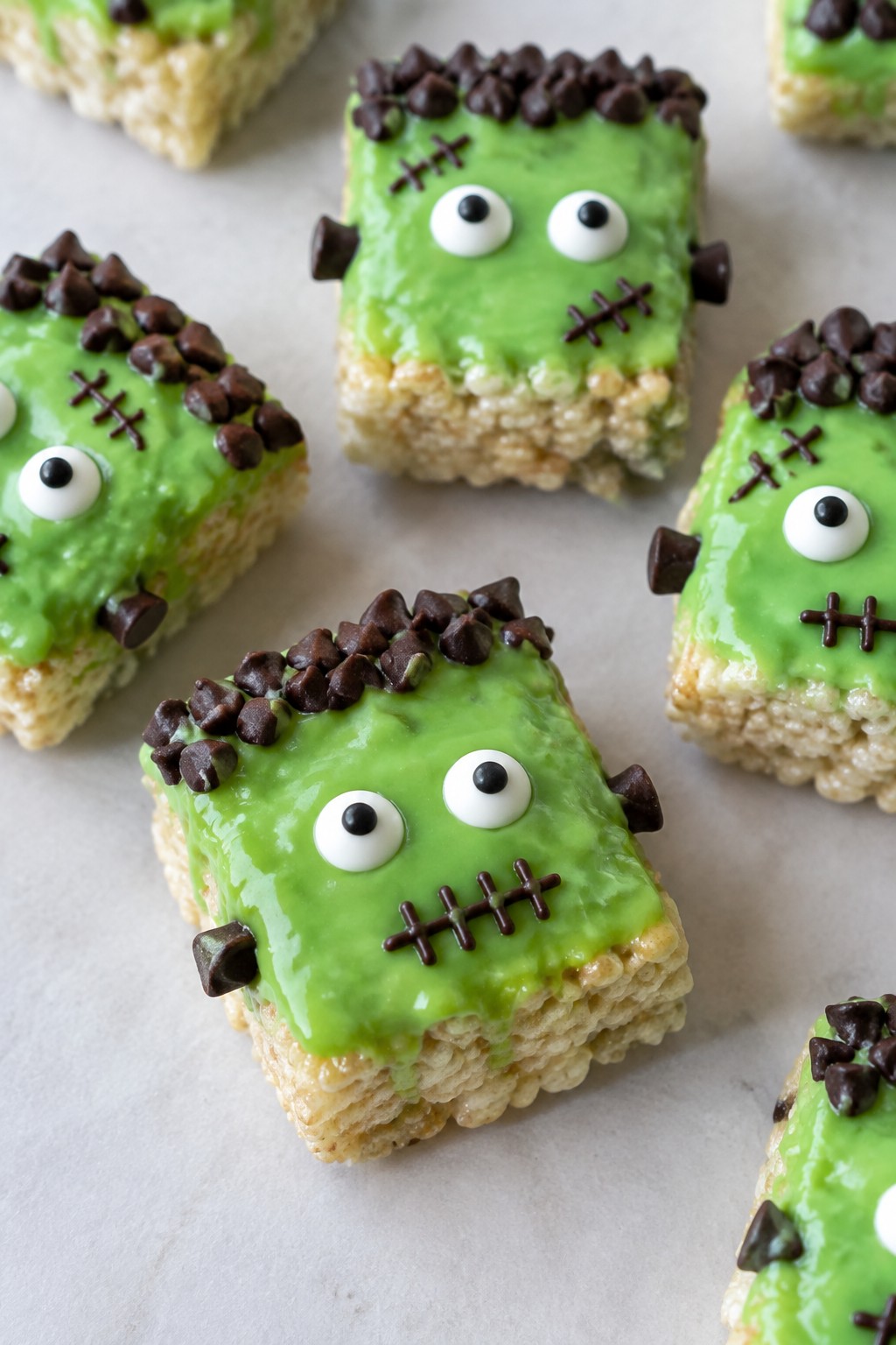 Frankenstein Rice Krispie Treat Faces with Green Glaze