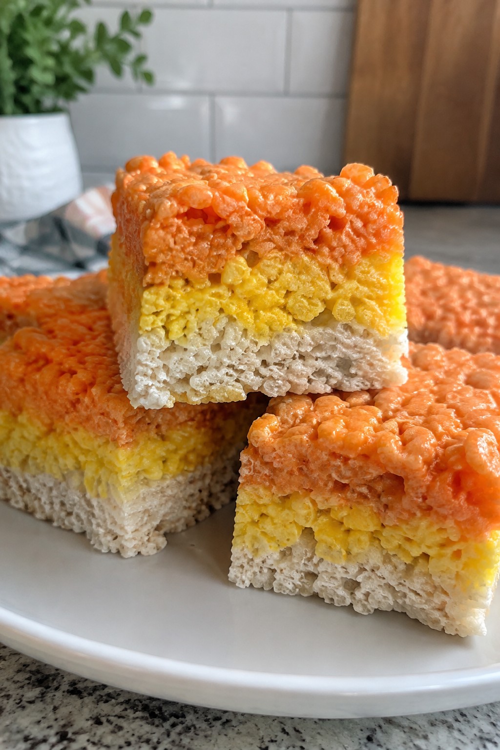 Layered Candy Corn Rice Krispie Treat Squares