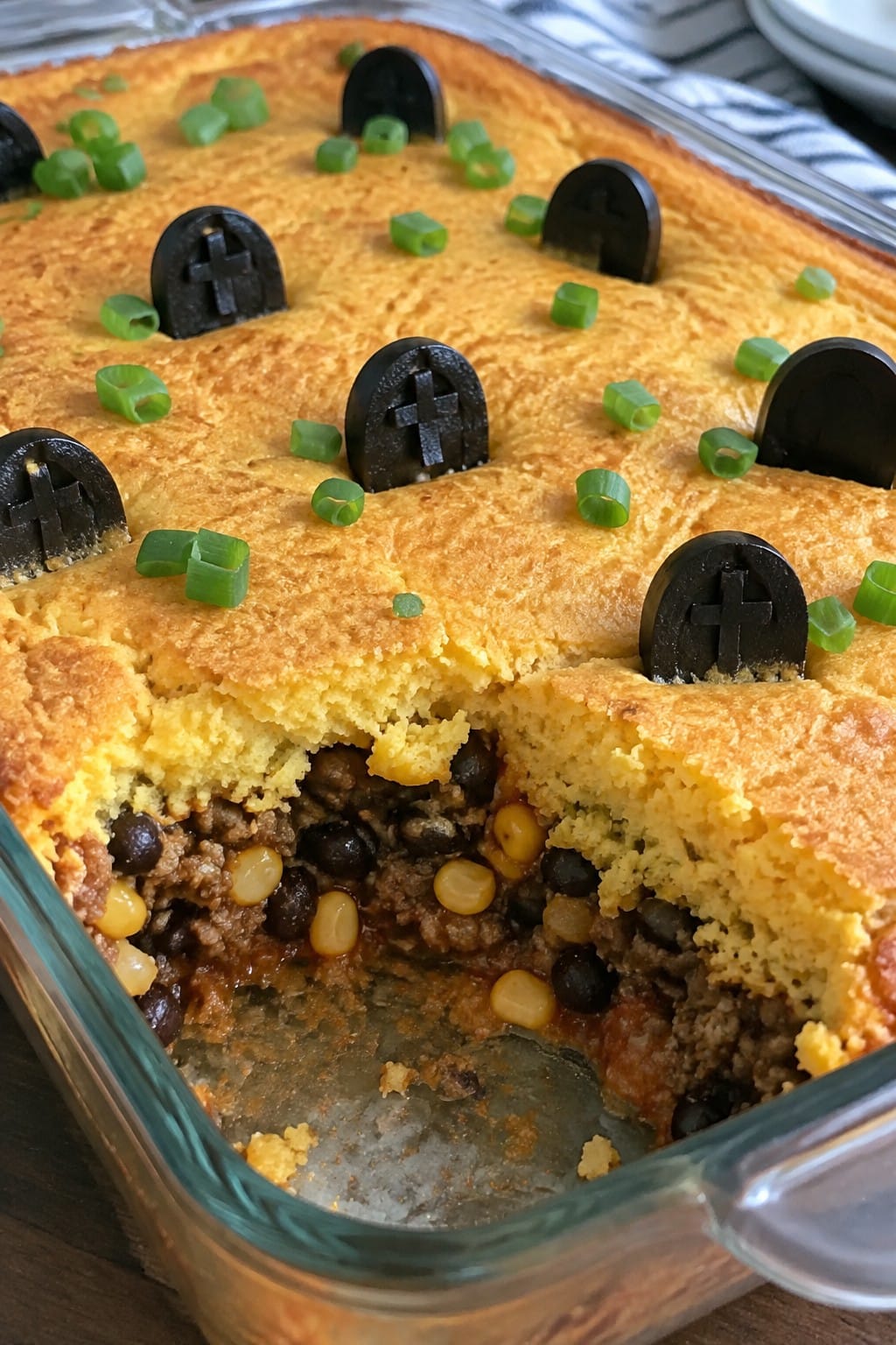 Graveyard Beef Taco Casserole with Cornbread Topping