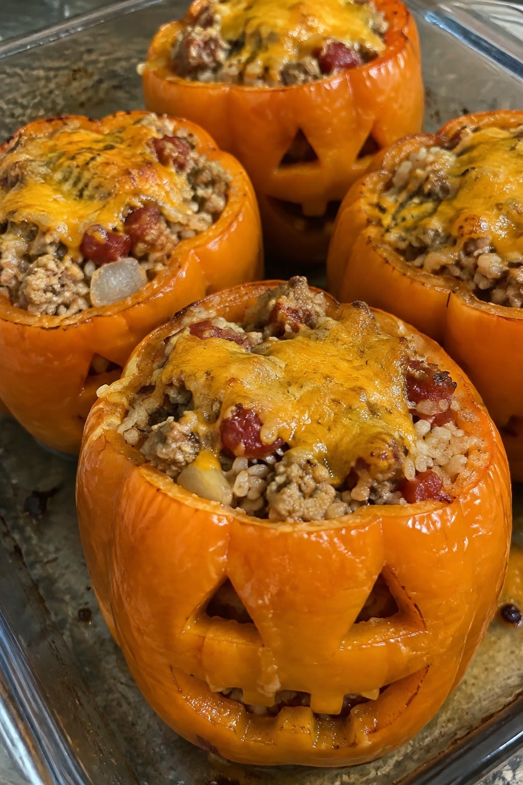 Jack-O'-Lantern Stuffed Bell Peppers with Ground Turkey and Rice