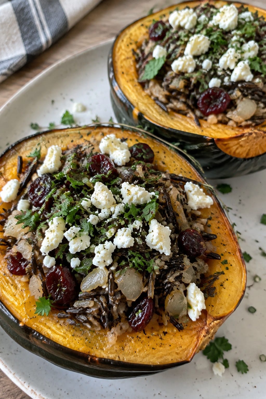 Spooky Wild Rice Stuffed Acorn Squash with Cranberries and Feta