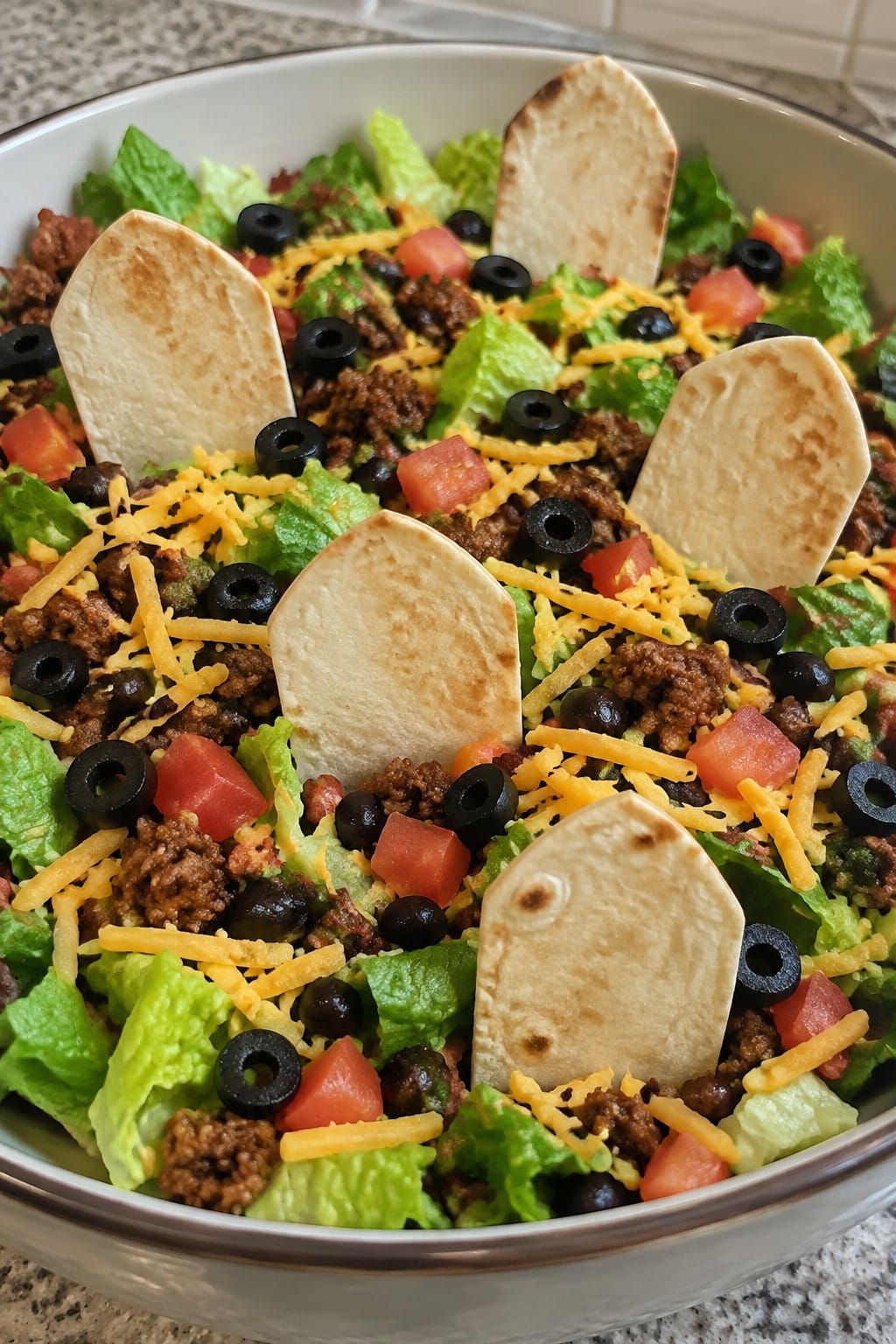 Graveyard Taco Salad with Tortilla Tombstones