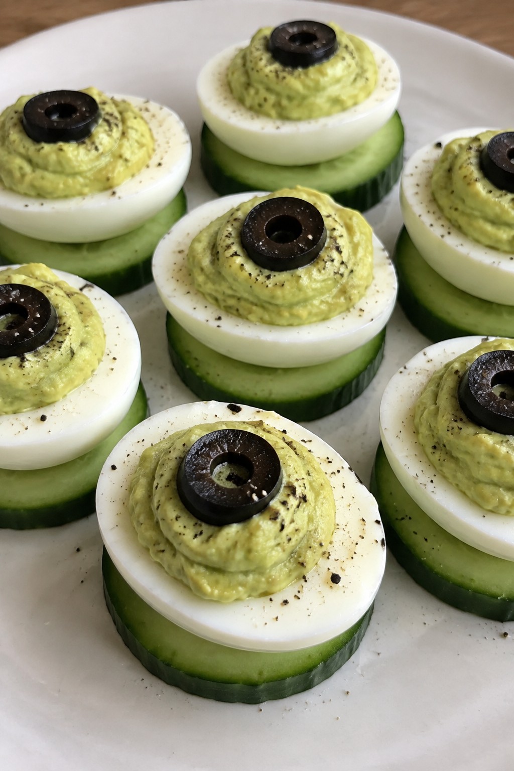 Avocado Deviled Egg Eyeballs on Cucumber Rounds