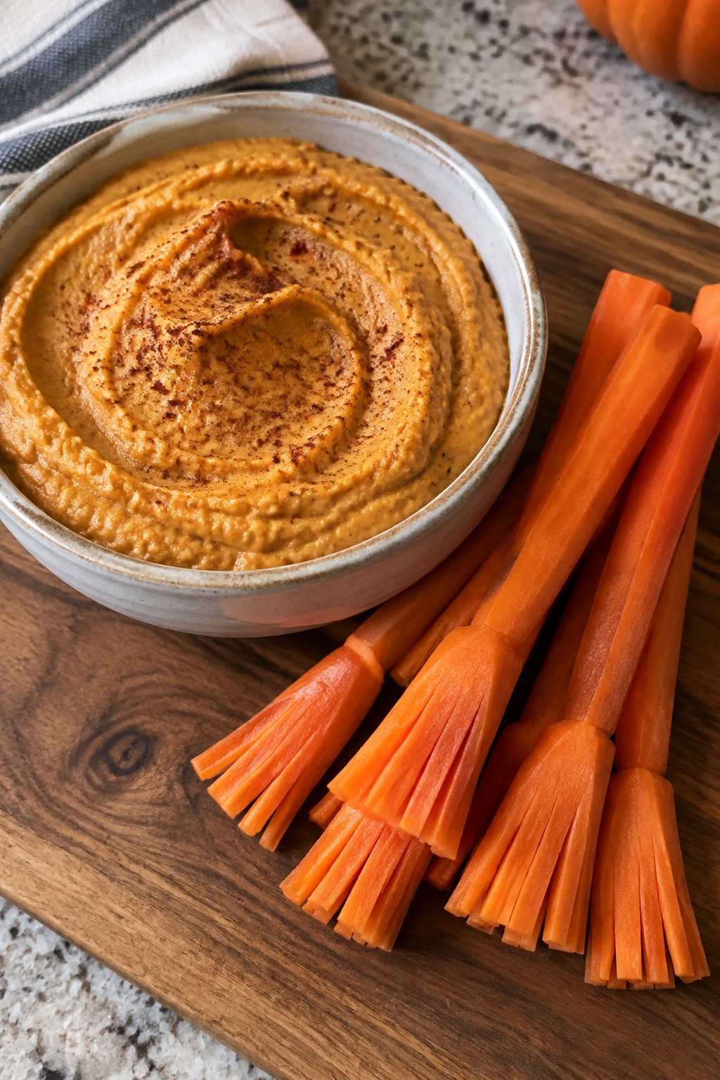 Pumpkin Hummus with Carrot Broomstick Dippers