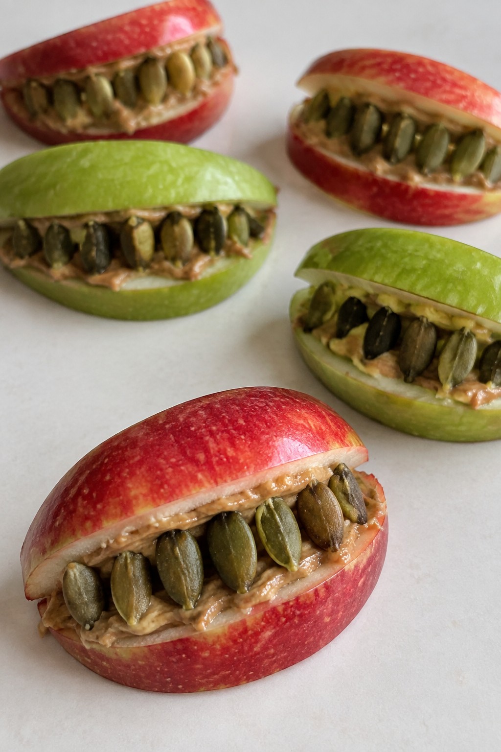 Spooky Apple Monster Mouths with Almond Butter and Seeds