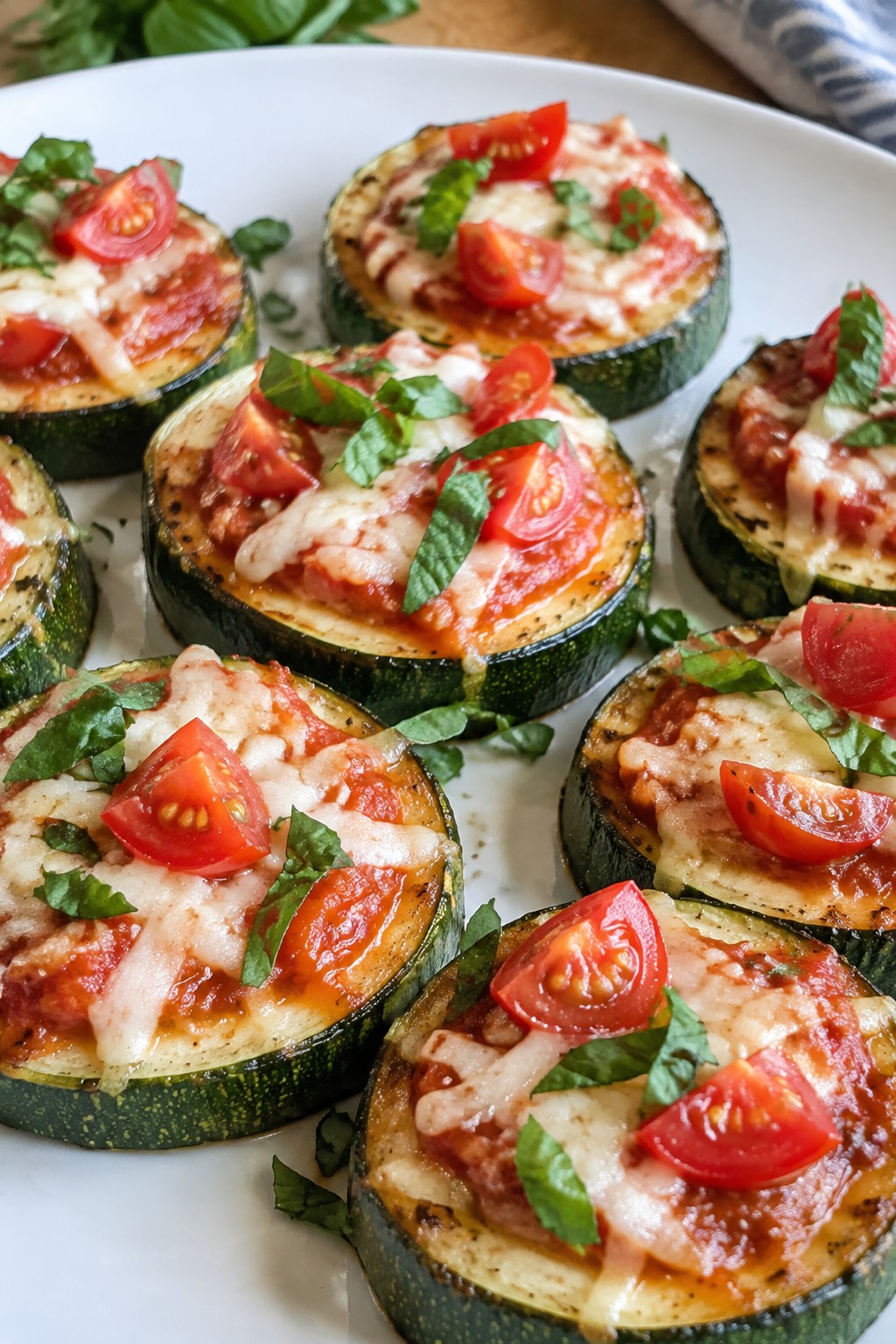 Zucchini Pizza Bites Topped with Tomato and Basil