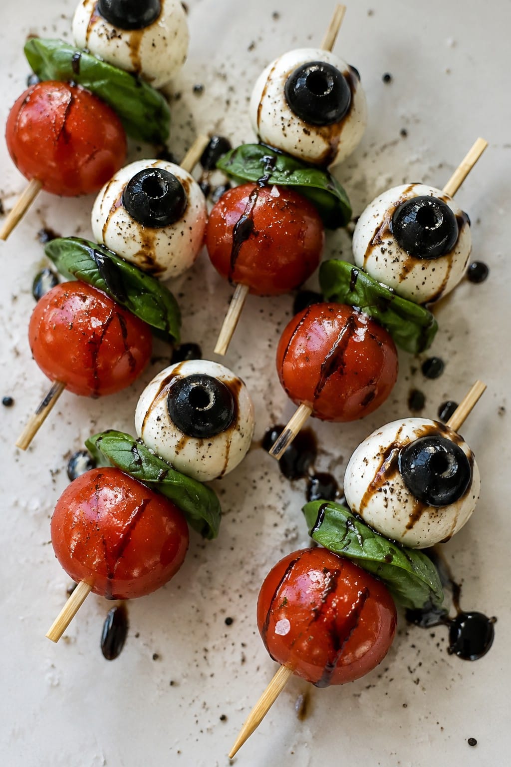 Monster Eyeball Caprese Skewers with Balsamic Glaze