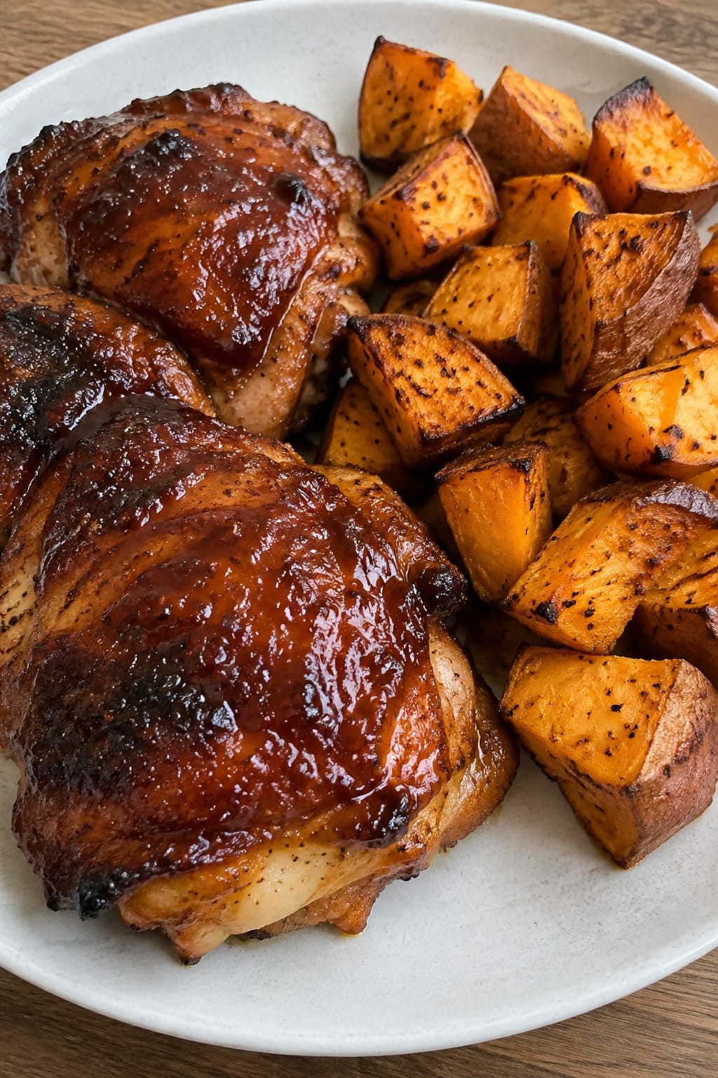 Bat-Wing BBQ Chicken Thighs with Roasted Sweet Potatoes