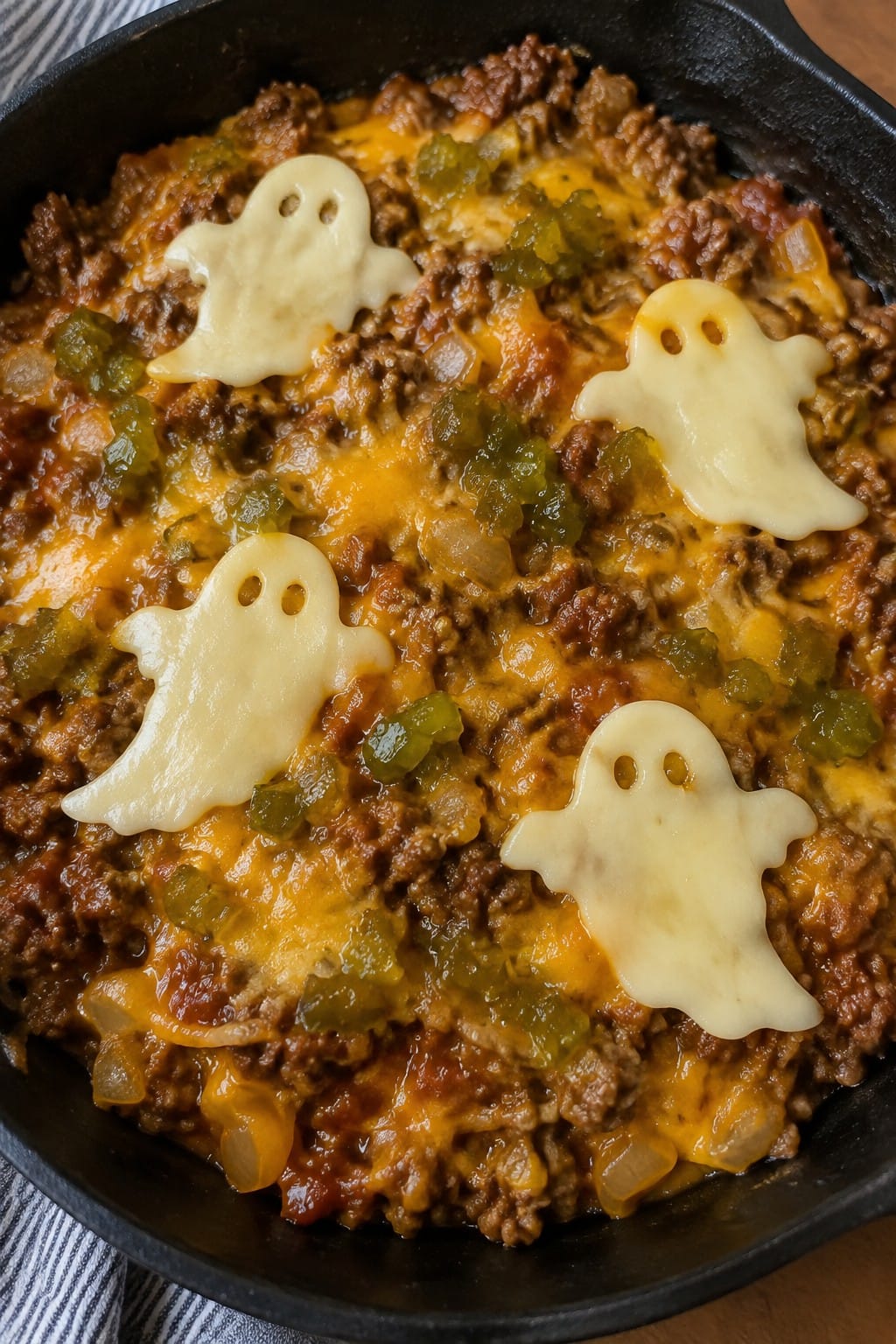 Ghostly Cheeseburger Skillet with Pickle Relish