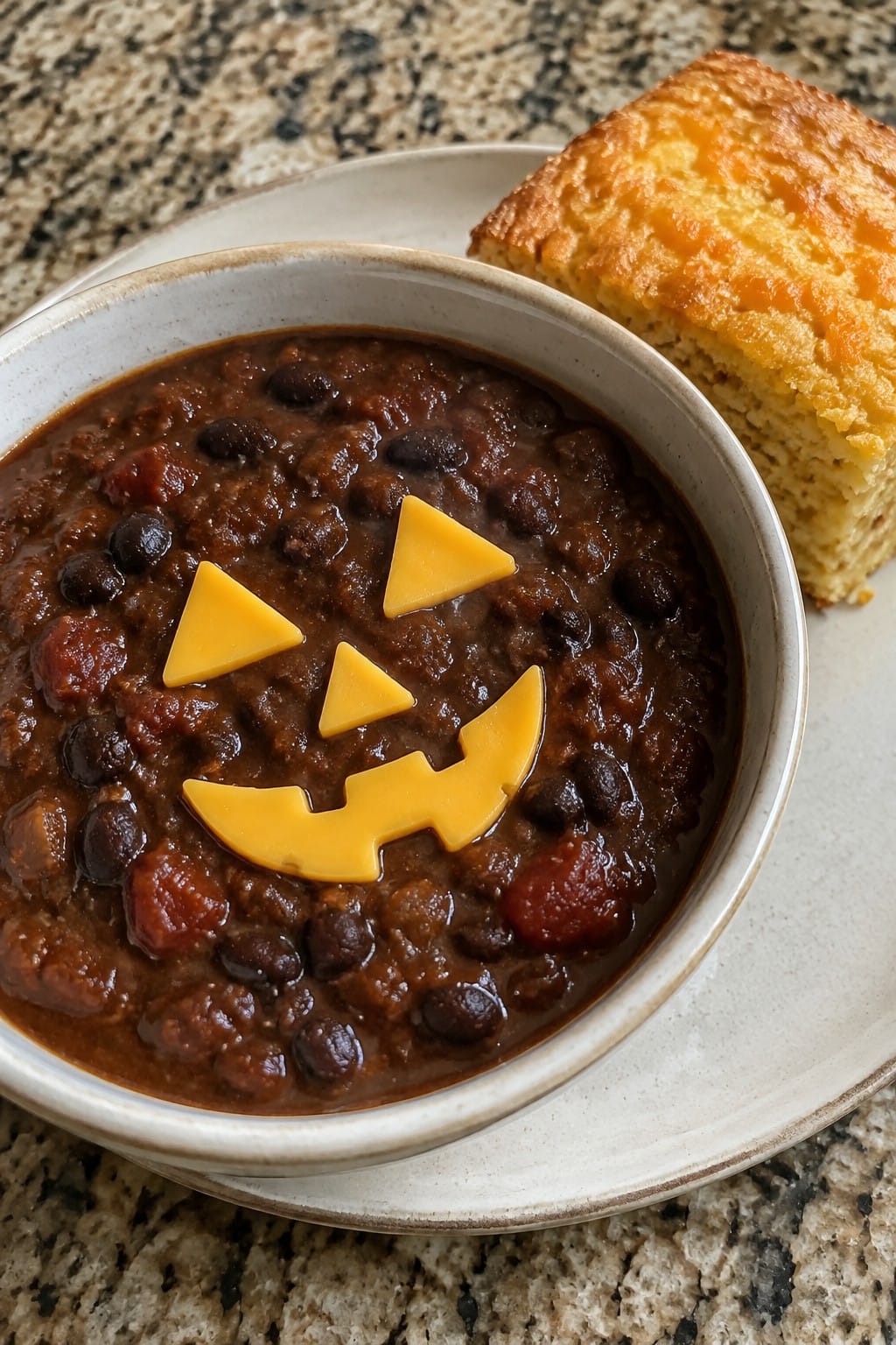 Jack-o’-Lantern Black Bean Chili with Cornbread