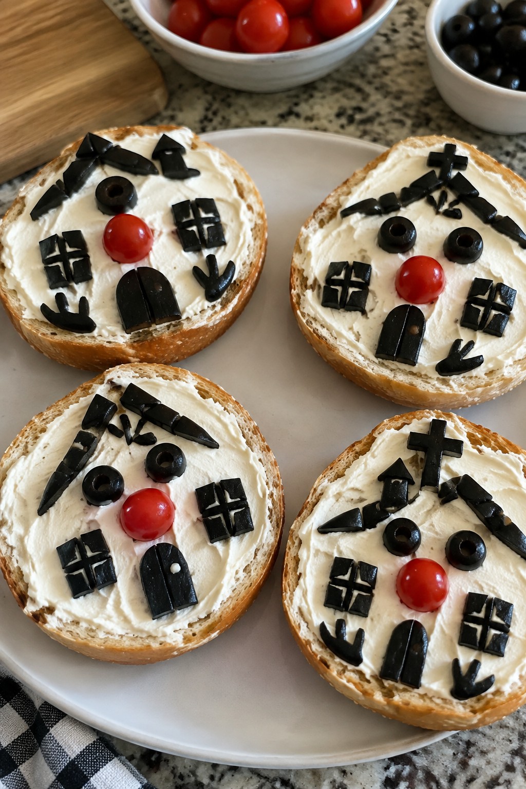 Haunted House Bagel Faces with Cream Cheese